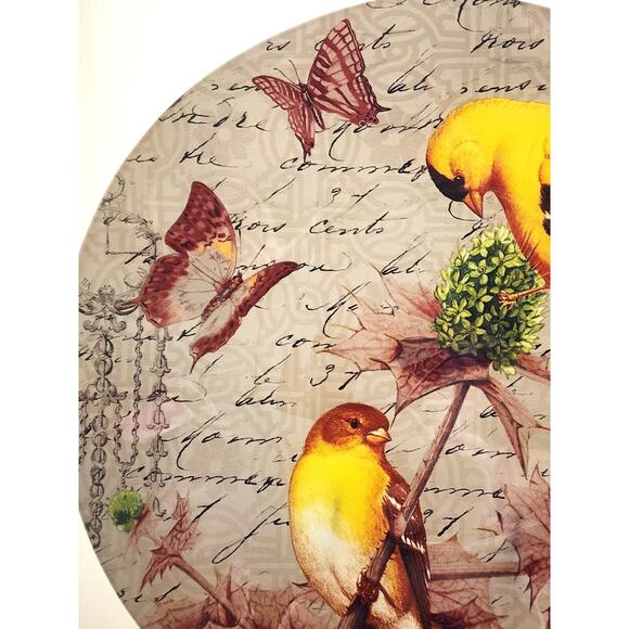 GLASS PLATTER-NOTIONS-"Goldfinch"-Ruffled Edges-Large 14" Diameter-Birds - Picture 4 of 13